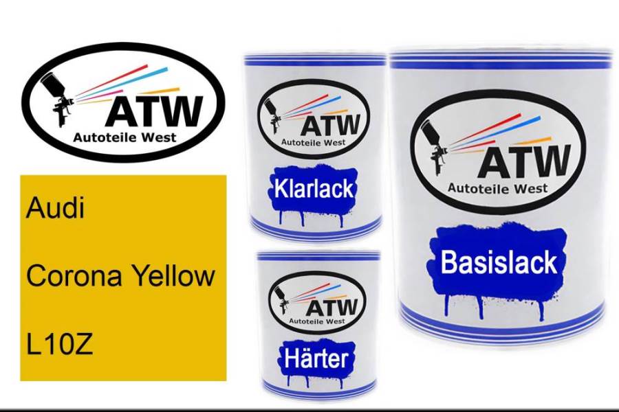 Audi, Corona Yellow, L10Z: 1L Lackdose + 1L Klarlack + 500ml Härter - Set, von ATW Autoteile West.